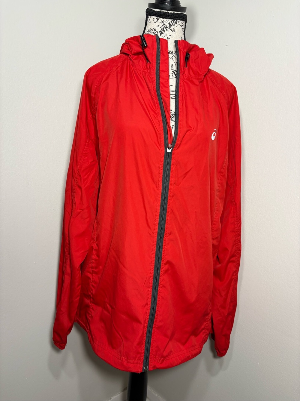 Asics Red Hooded Packable Windbreaker with Black Trim